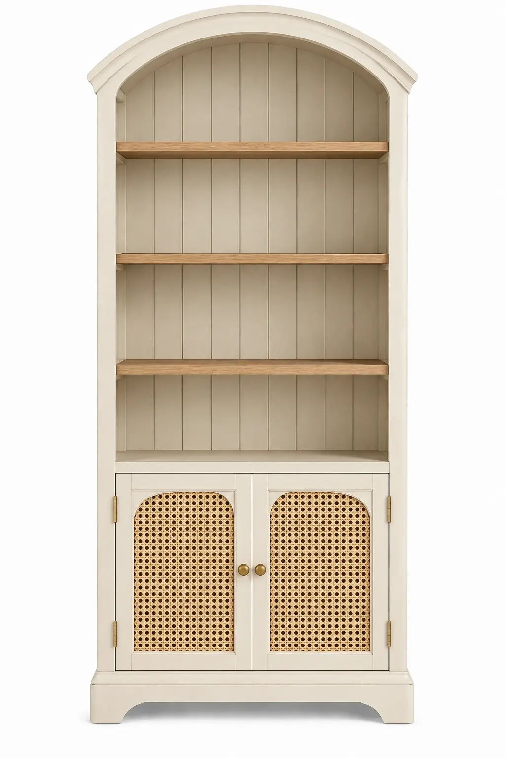 Estanter¨ªa con almacenamiento con formas arqueadas y detalles de entramado, blanco y marr¨®n