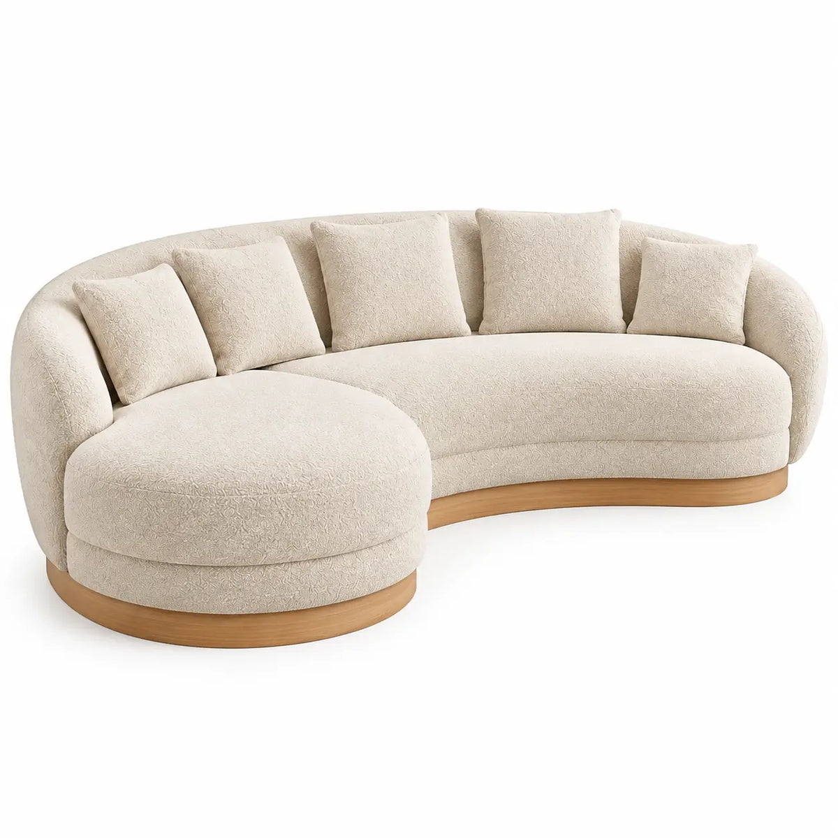 Sof¨¢ curvo tapizado de contorno redondeado, beige y marr¨®n