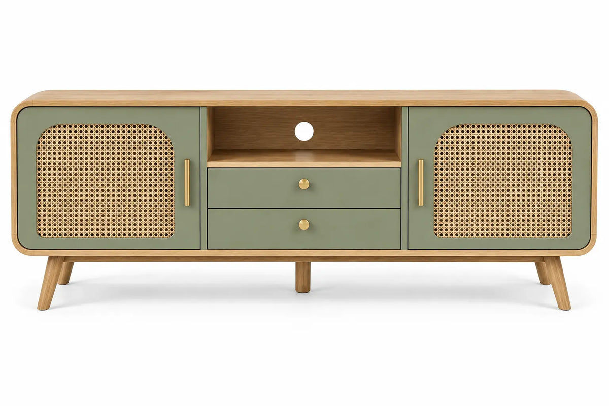 Mueble bajo para televisi¨®n con detalles de entramado y estantes, verde y marr¨®n