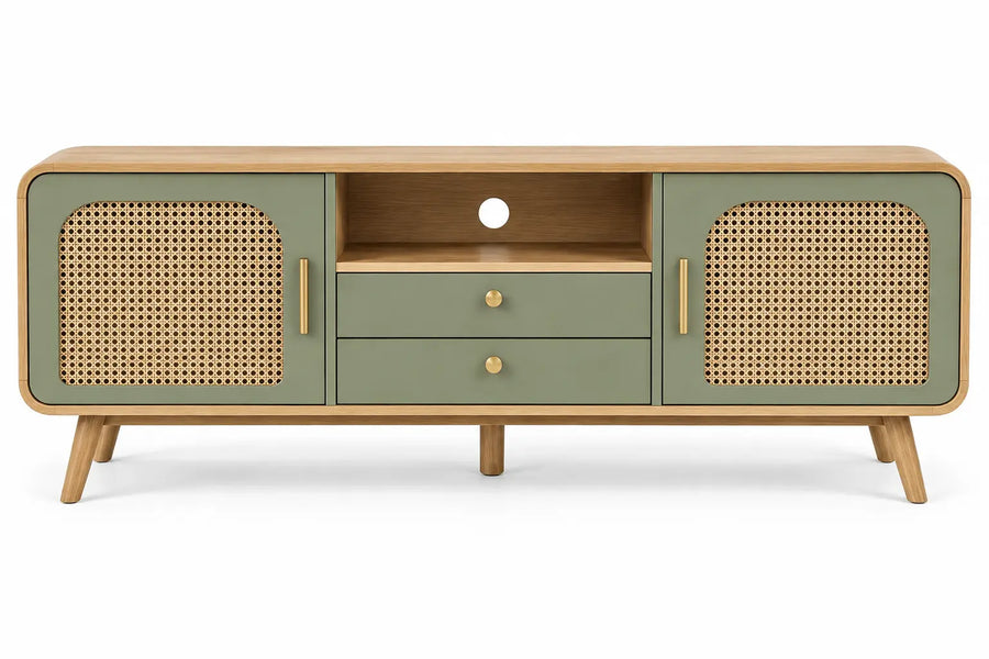 Mueble bajo para televisión con puertas de rejilla, cajones y estantes - Firgroveco