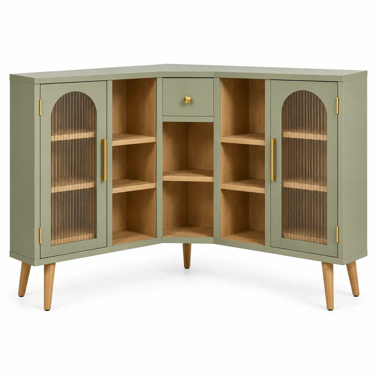 Aparador esquinero con puertas acristaladas y estantes, verde y marr¨®n