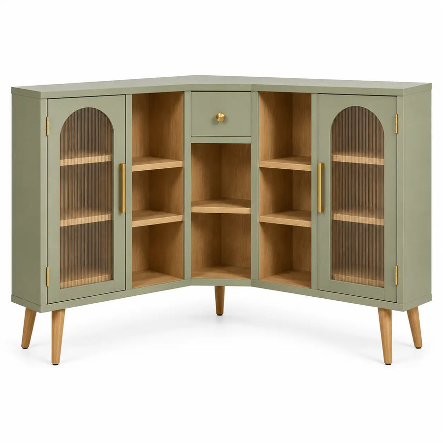 Aparador esquinero con puertas de cristal y estantes, verde y madera natural - Firgroveco