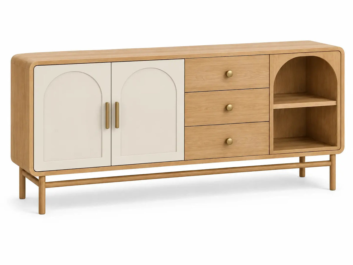 Aparador de almacenamiento con formas arqueadas y estantes, blanco y marr¨®n