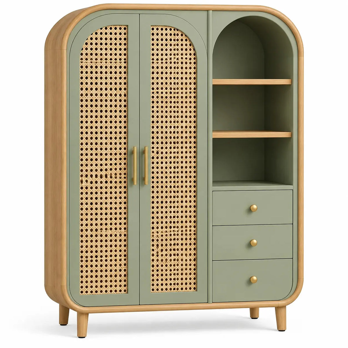 Armario de almacenamiento con formas arqueadas y detalles de entramado, verde y marr¨®n