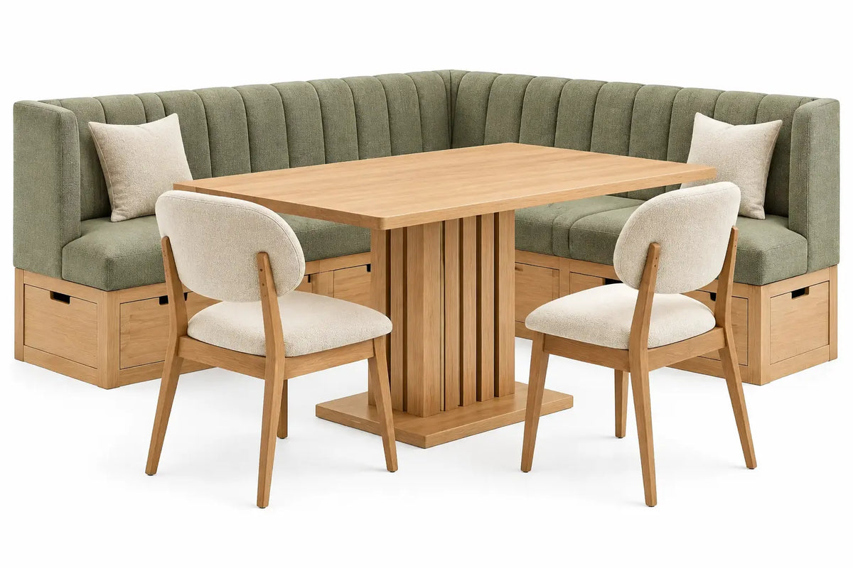Conjunto de comedor con banco esquinero con detalles de l¨ªneas verticales y cajones, marr¨®n, verde y beige