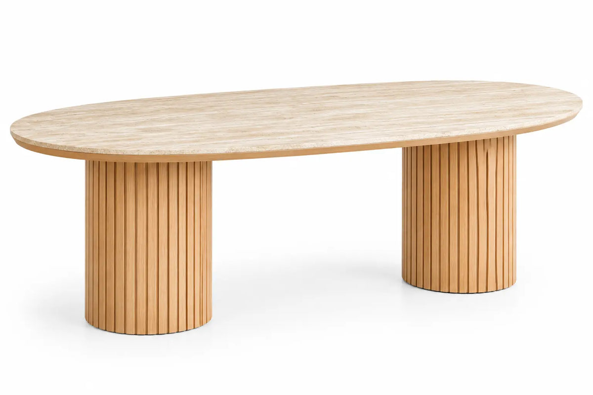 Mesa de comedor de contorno redondeado, beige y marr¨®n